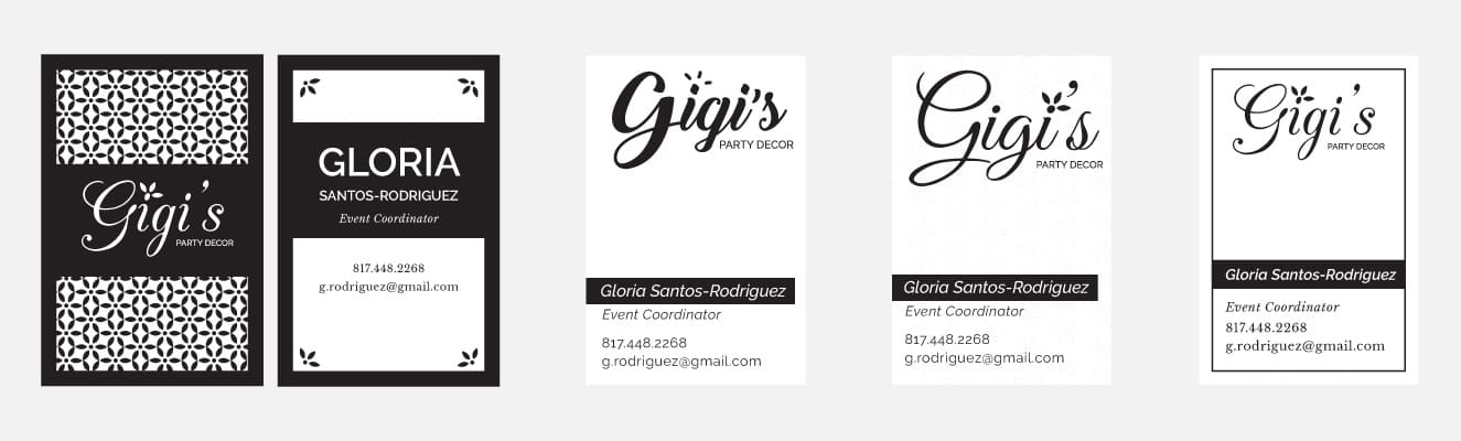 Various versions of Gigi's Party Decor business cards.