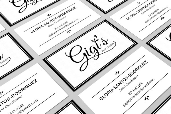 A grid of Gigi's Party Decor business cards.