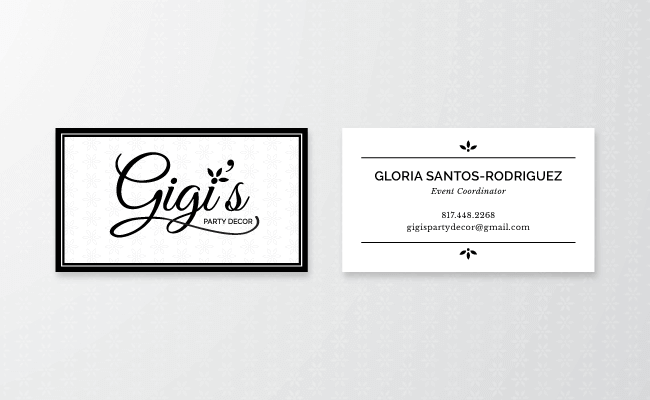 A mockup showing a front and back version of Gigi's Party Decor business cards.