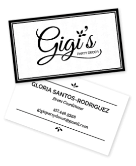 A view of what Gigi's Party Decor business cards look like on both sides.